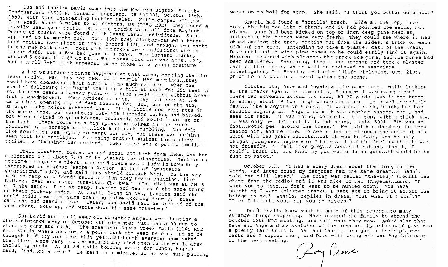 15-10-1993 bigfoot Sightings reported by Ray Crowe Dan and Laurine Davis (BRE) 867