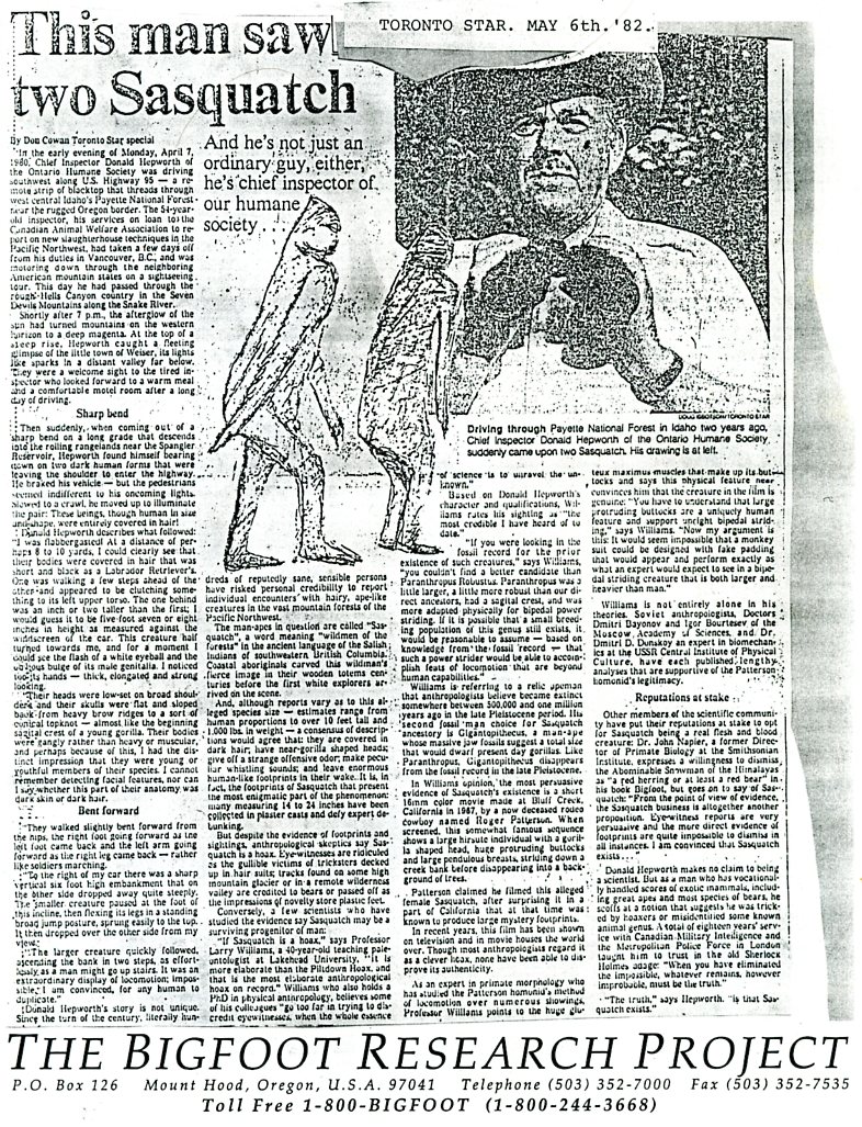 (Document) Western Bigfoot Society Sasquatch sighting Payette National Forest Idaho Donald Hepworth (TS) 1993